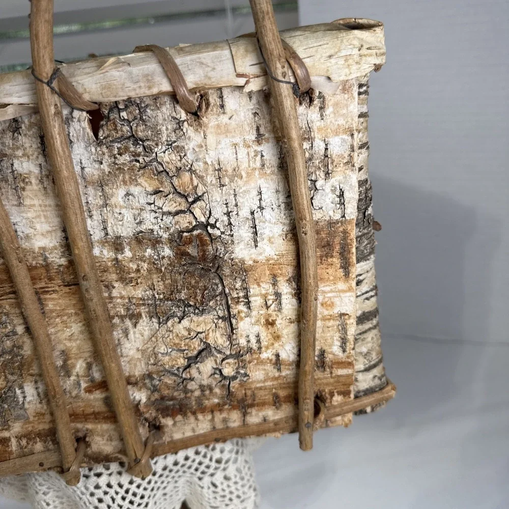 Vintage Birch Bark Wall Hanging 2 Loop Basket. Handmade.